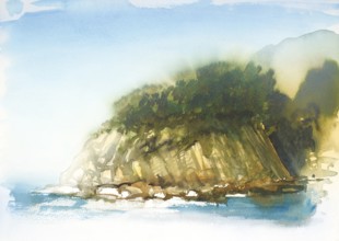 Watercolor painting showing a coastal landscape in Tuscany at summer time