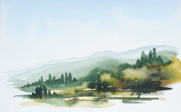 Watercolor painting showing a landscape in Tuscany at summer time