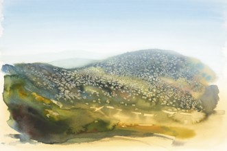 Watercolor painting showing a landscape in Tuscany at summer time