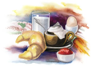 Watercolor illustration showing a breakfast scenery in colorful back