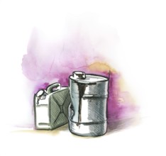 Watercolor and crayon illustration of a waste oil canister and barrel
