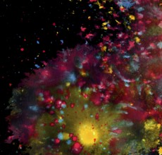 Colored paint splatters and color clouds in black back