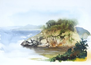 Watercolor painting showing a coastal landscape in Tuscany at summer time