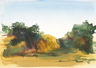 Watercolor painting showing a landscape in Tuscany at summer time