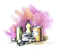 Watercolor and crayon illustration showing bottles and cans with problematic substances