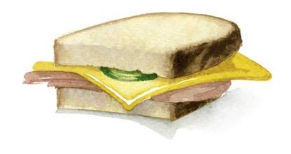 Watercolor illustration showing a sandwich with ham and cheese