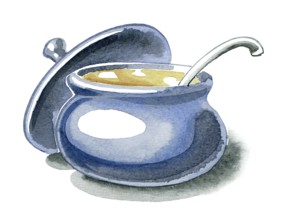 Watercolor illustration showing a blue bowl of soup with lid and ladle