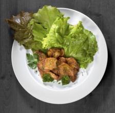 Roasted chicken dish with fresh green salad on a white plate