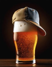 AI generated closeup image showing a glass of beer with baseball cap on its top