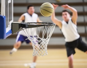 AI generated image showing a basketball scenery with basketball and hoop closeup