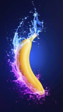 Banana fruit in flashy ambiance. AI illustration with colorful light effects and liquid splashes,