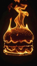 AI generated image showing a hot flaming burger in dark ambiance