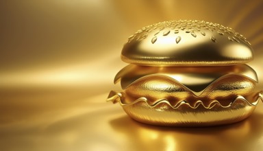 AI generated image showing a golden burger in shiny golden ambiance