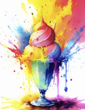 Sweet consumption theme showing a bowl of ice cream in multicolored vibrant splashy ambiance. AI