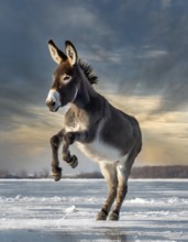 Donkey on ice in sunny ambiance, based on the proverb When the donkey is feeling too good, it goes