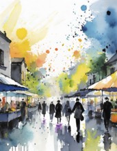 AI generated lifestyle theme showing an urban street market scenery with lots of people in