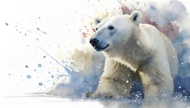 Animal and wildlife theme showing a polar bear in vibrant splashy ambiance. AI generated image with