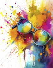 Eyewear and vision theme showing a pair of glasses in multicolored vibrant splashy ambiance. AI