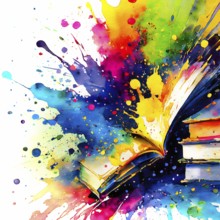 Books and reading theme showing some books in multicolored vibrant splashy ambiance. AI generated