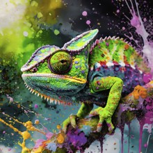 Animal and alteration theme showing a chameleon on a twig in multicolored vibrant splashy ambiance.