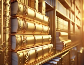 AI generated image showing some stacked golden books and others in golden ambiance