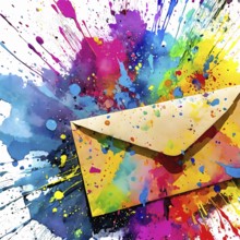 Messaging and conversation theme showing a envelope in multicolored vibrant splashy ambiance. AI