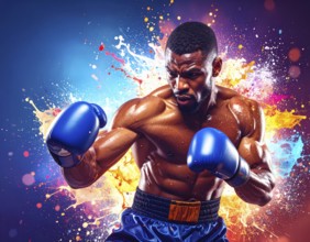 Boxer in flashy ambiance. AI illustration with colorful light effects and fiery liquid splashes, AI