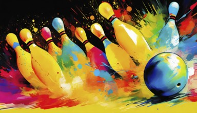 Bowling theme showing a bowling ball and some pins in multicolored vibrant splashy ambiance. AI