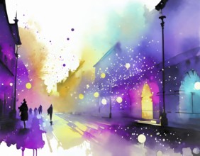 AI generated image showing a vivid illuminated city scenery, watercolor style with splashes and