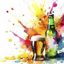 Consumption theme showing a beer glass and bottle in multicolored vibrant splashy ambiance. AI