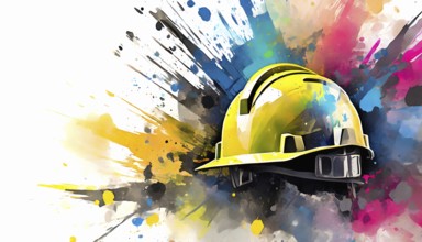 Construction theme showing a yellow hard hat in multicolored vibrant splashy ambiance. AI generated