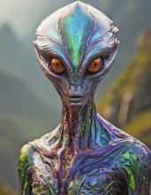 AI generated image showing the portrait of a iridescent alien creature in blurry back