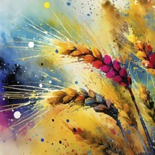 Food and agricultural theme showing some barley ears in multicolored vibrant splashy ambiance. AI