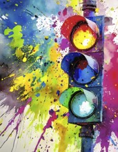 Traffic and signaling theme showing a traffic light in multicolored vibrant splashy ambiance. AI