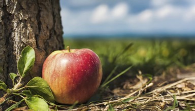 Apple near tree stem closeup, based on the proverb The apple doesn't fall far from the tree, AI