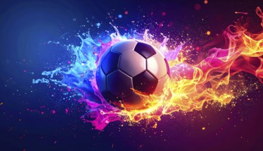 Football in flashy ambiance. AI illustration with light effects and fiery liquid splashes, AI