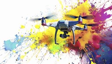 Aircraft, control and observation theme showing a small unmanned aerial vehicle in multicolored