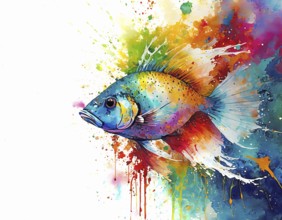 Wildlife and animal theme showing a tropical fish in multicolored vibrant splashy ambiance. AI