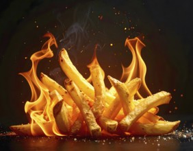 AI generated image showing flaming french fries in dark ambiance