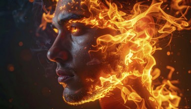 AI generated image showing a flaming male head in dark ambiance
