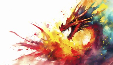 Magical legendary theme showing a fire-drake in multicolored vibrant splashy ambiance. AI generated