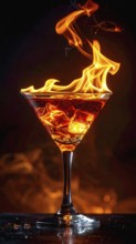 AI generated image showing a flaming cocktail in dark ambiance