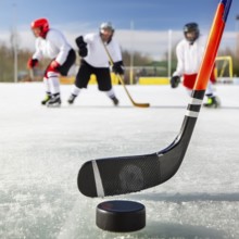 AI generated image showing a puck, stick and players on ice surface on a playing field