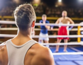 AI generated image showing a boxing scenery with fighters and boxing ring