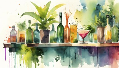 AI generated image showing lots of cocktails, bottles and plants on a board, watercolor style with
