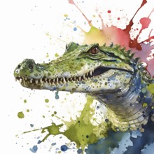 Wildlife and animal theme showing a crocodile in multicolored vibrant splashy ambiance. AI