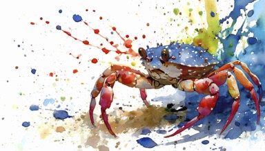 Animal and seafood theme showing a crab in multicolored vibrant splashy ambiance. AI generated