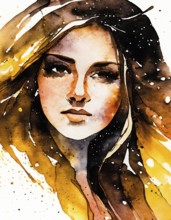 AI generated image showing the portrait of a young woman, watercolor style with splashes and spots