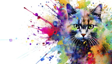 Pet theme showing the portrait of a cat in multicolored vibrant splashy ambiance. AI generated