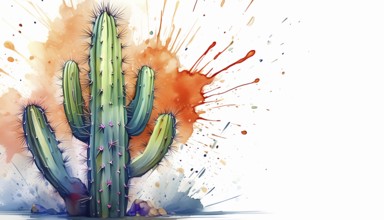 Cactus and succulent plant theme showing a cactus in multicolored vibrant splashy ambiance. AI